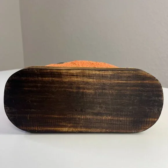 Orange Brown Natural Woven Wood Purse Tote Shoulder Bag Zip Closure - Picture 8 of 16